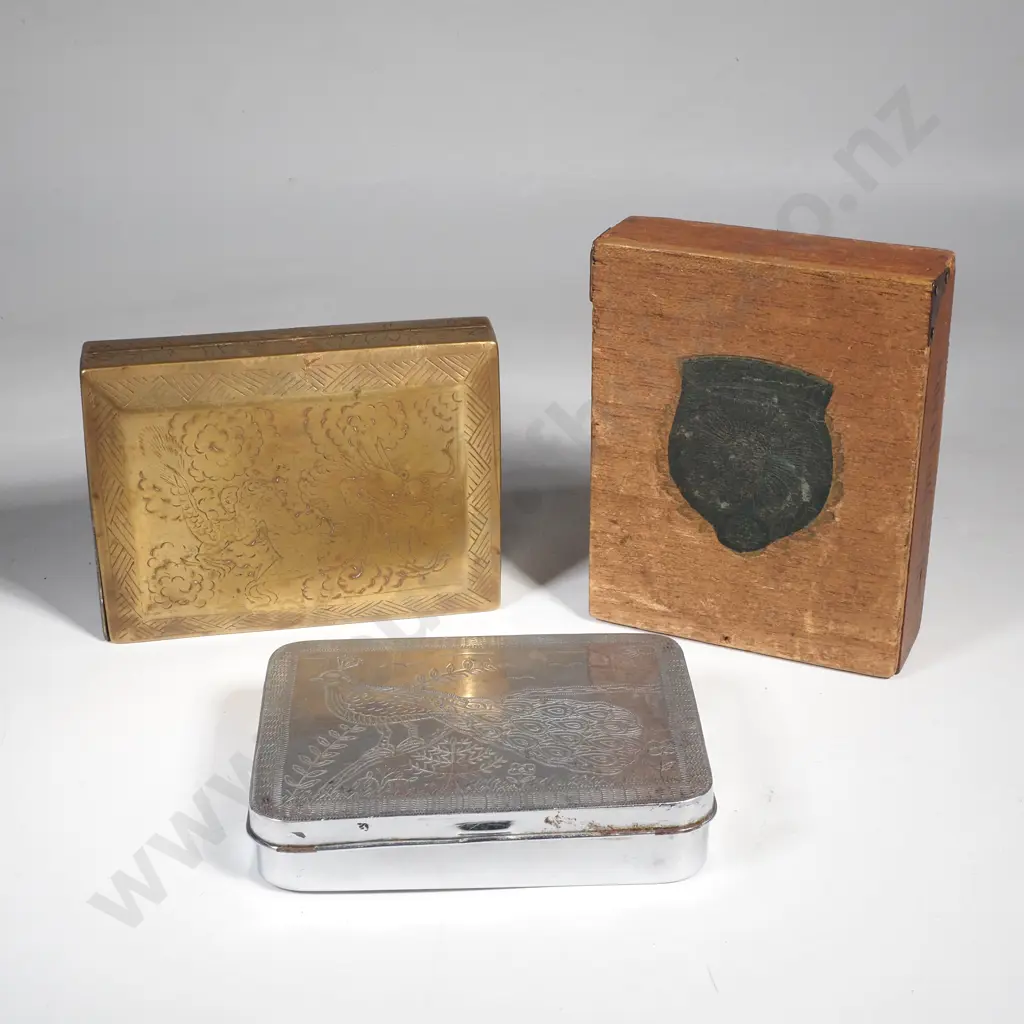 A Chrome Cigarette Case with Striker to Base  Etched w a Peacock, Wooden Statesmen Cigar Box & a  Brass Cigarette Box Image 1++