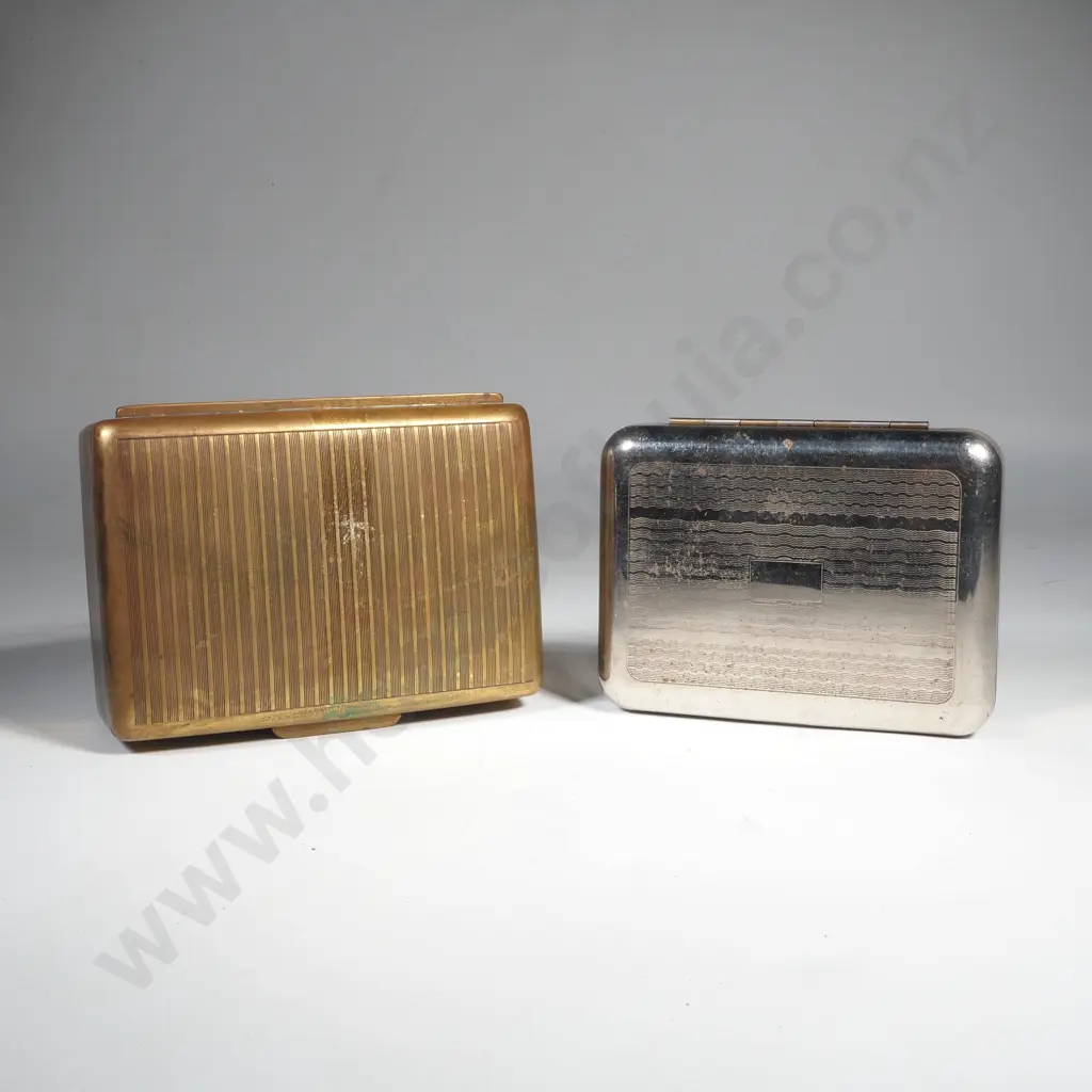 Vintage Brass Cigarette Box For State Express Cigarettes & a  Chrome Cigarette Tin w Spring for Papers Image 1++