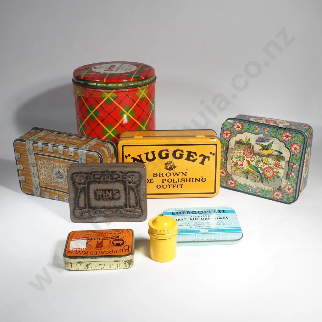 Collection of Vintage Tins including an Art Nouveau Pin Tin, Nugget Brown Shoe Polishing Tin &  Bifurcated Rivets Tin Image 1++