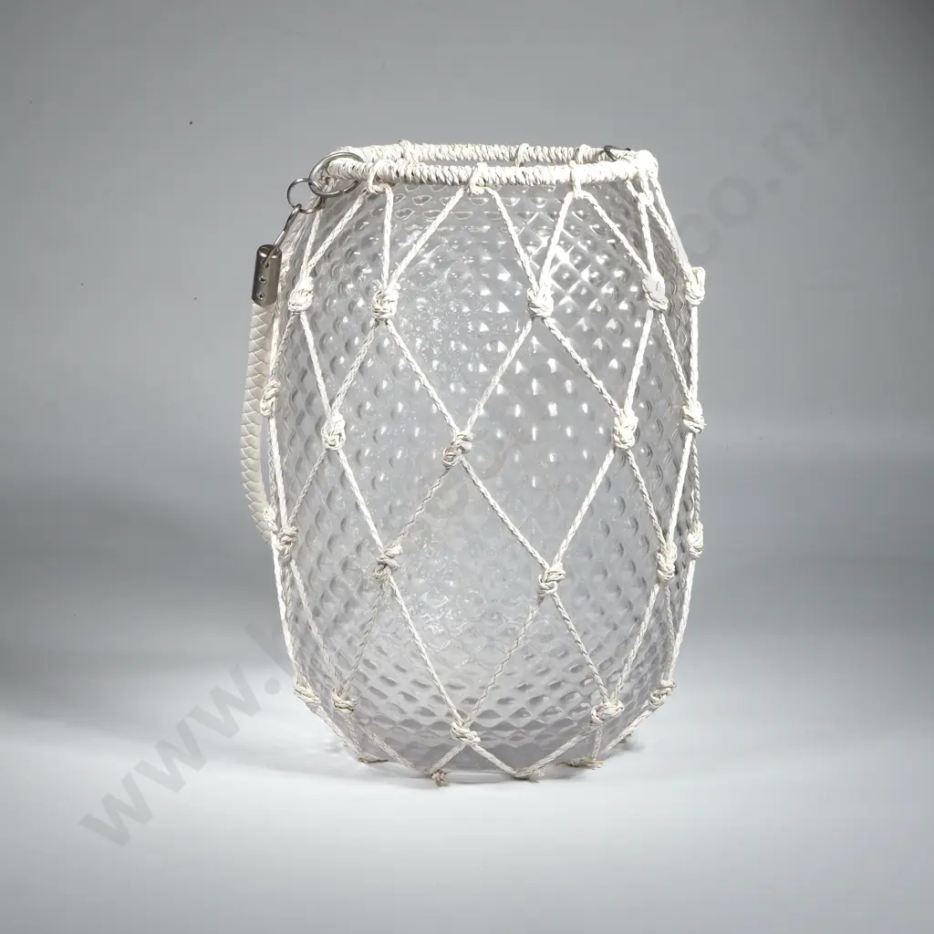 Glass & Rope Candle Lantern W Textured Glass Body In Macrame & w Rope Handle  Image 1++