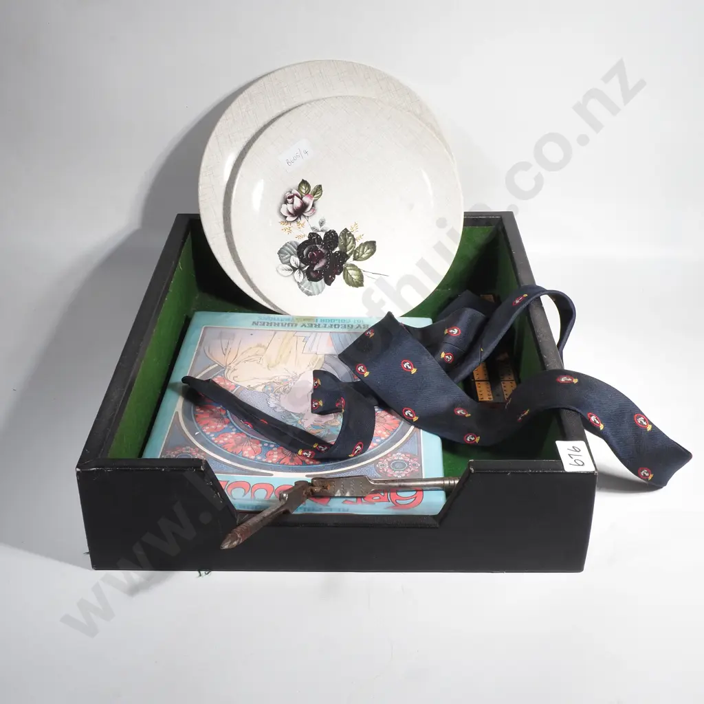Felt Lined Box Containing an Antique Steel Nutcracker, Book on Art Nouveau, Tie, Two Kelston Plates & Cribbage Board Image 1++