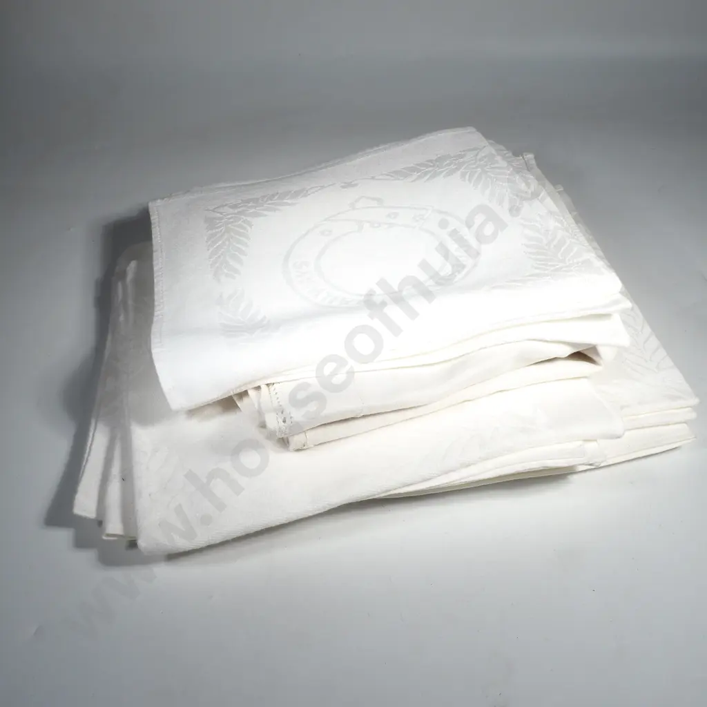 Ten Large White Napkins w  Rhodesia Railways Emblem & an Embroidered Table Cloth w Detailed Cutwork 800 x 800mm Image 1++