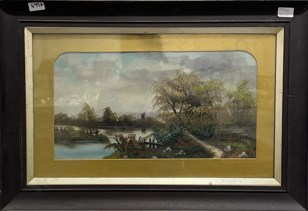 Artist Unknown, Landscape w Lake & Trees, Oil. 230 x 435mm Image 1++