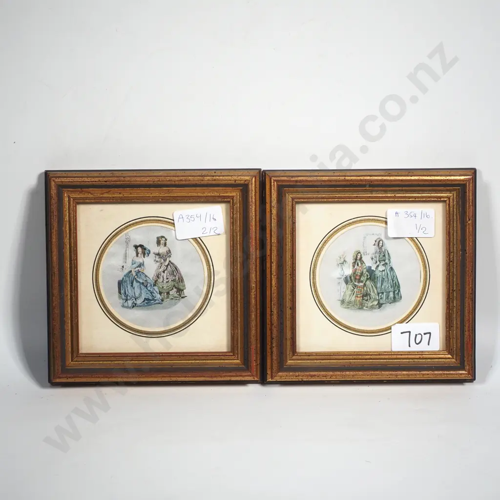 Two Miniature Gold Framed Victorian Fashion Prints On Silk or Satin In a Circular Mat Image 1++