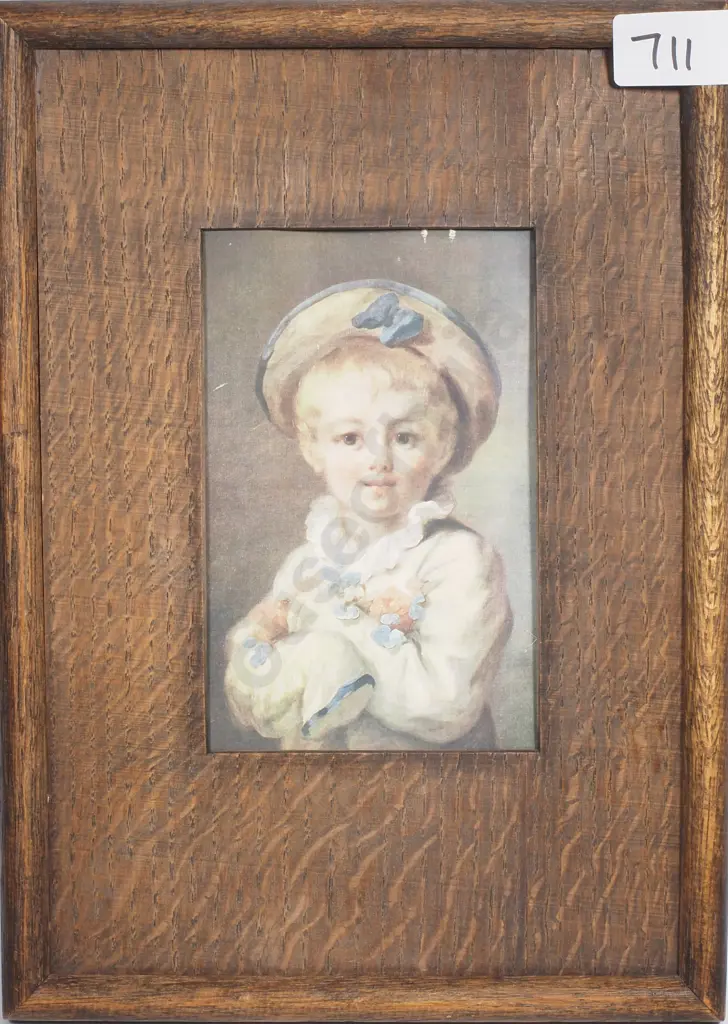 Jean Honore Fragonard - Portrait of a Boy as a Pierrot, Print In Vintage Oak Frame Image 1++