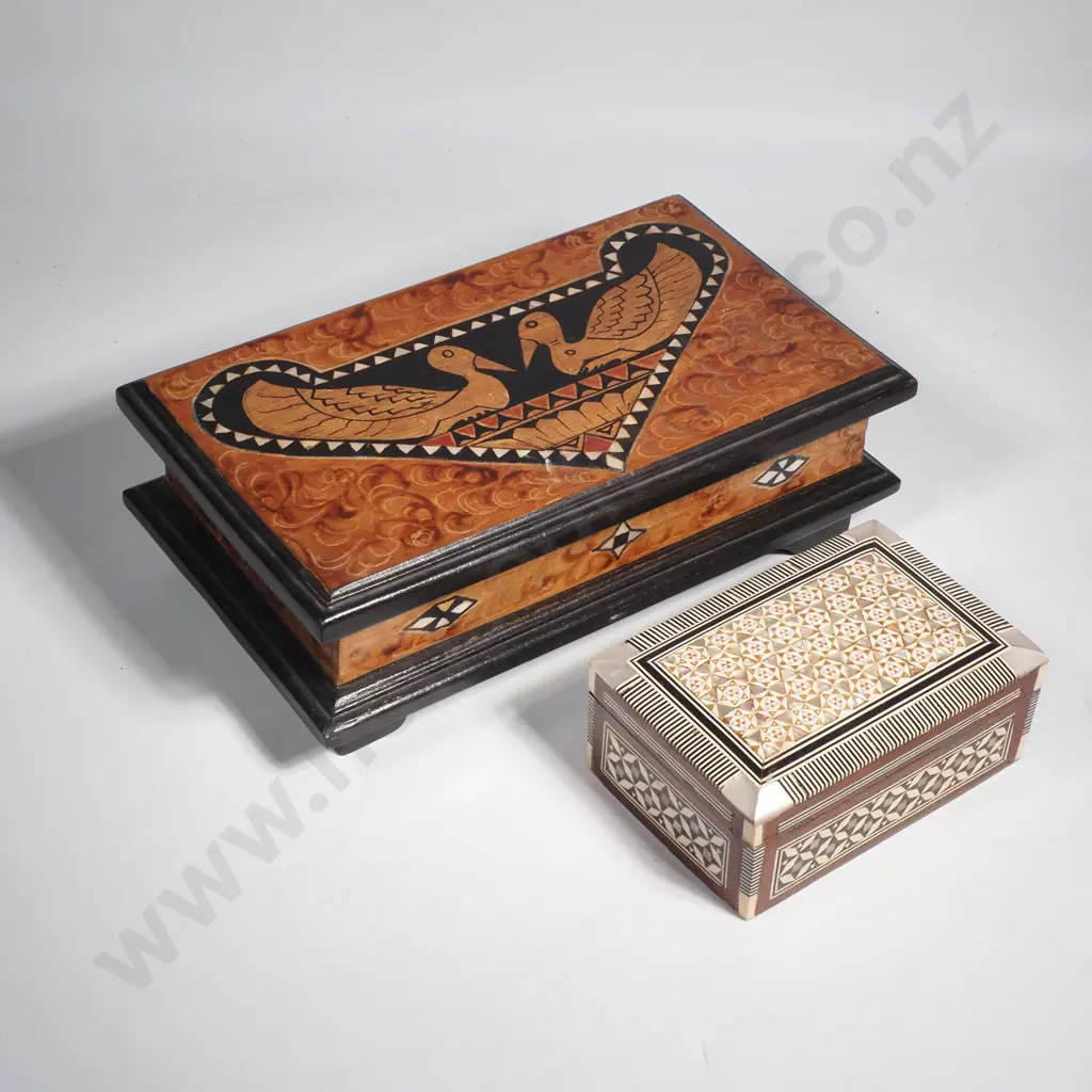 Two Wooden Jewellery, One w Inlay Work depicting Birds & the Other w Moroccan Style Detailed Inlay Image 1++