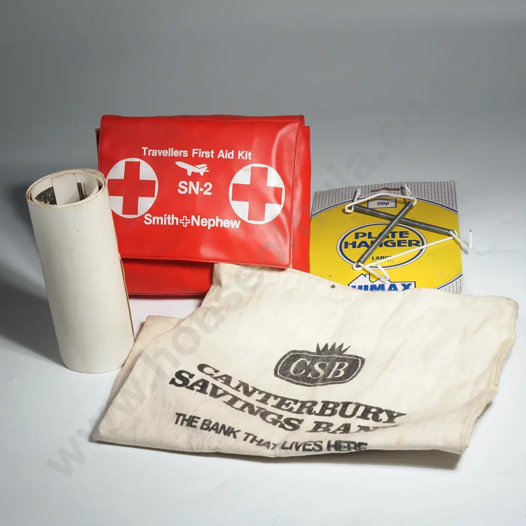 Canterbury Savings Bank Money Bag, Travellers First Aid KIt (Smith& Nephew), Plate Hanger & Antique Panoramic Photograph Image 1++