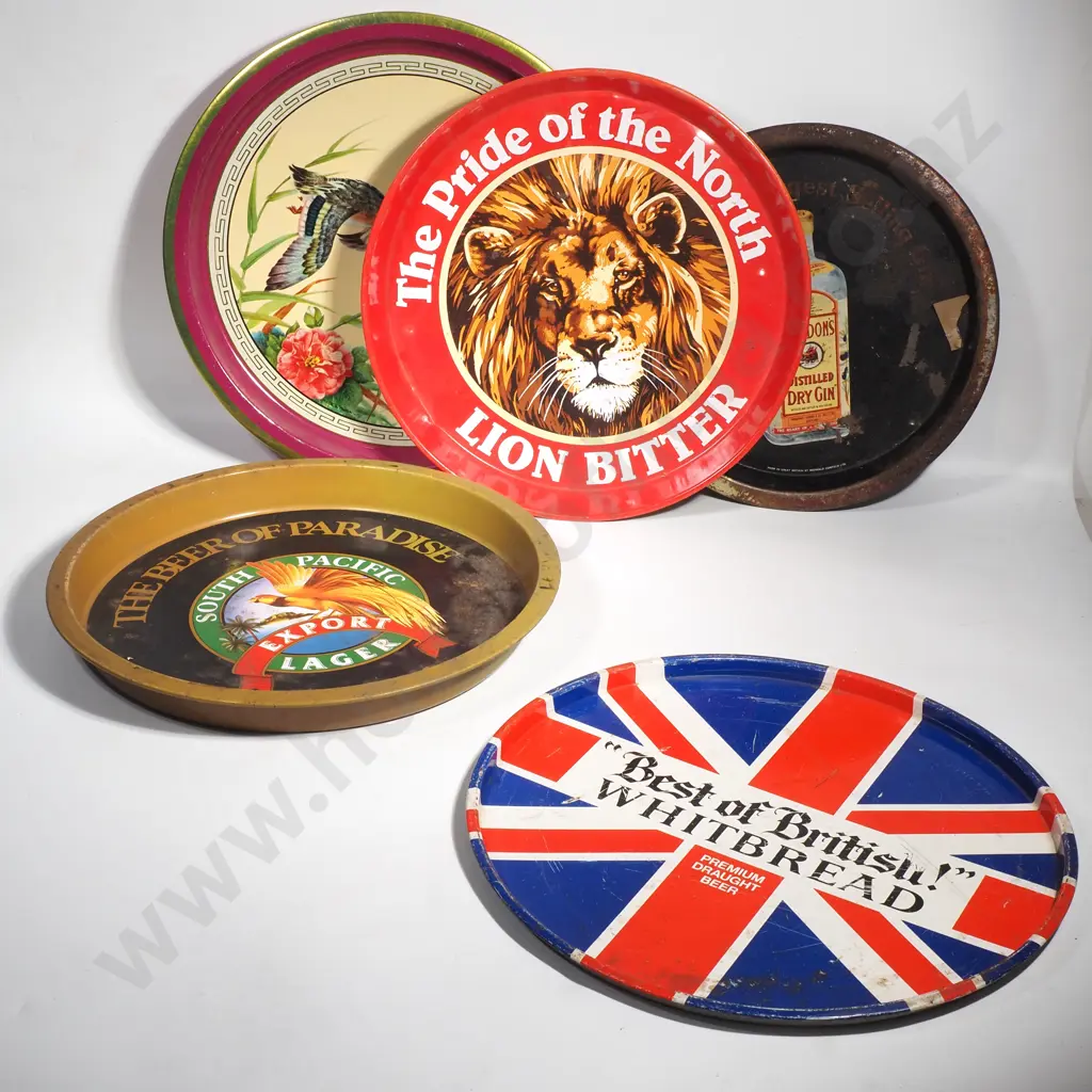 Four  Circular Metal Alcohol  Advertising Trays  & Another Metal Tray Image 1++