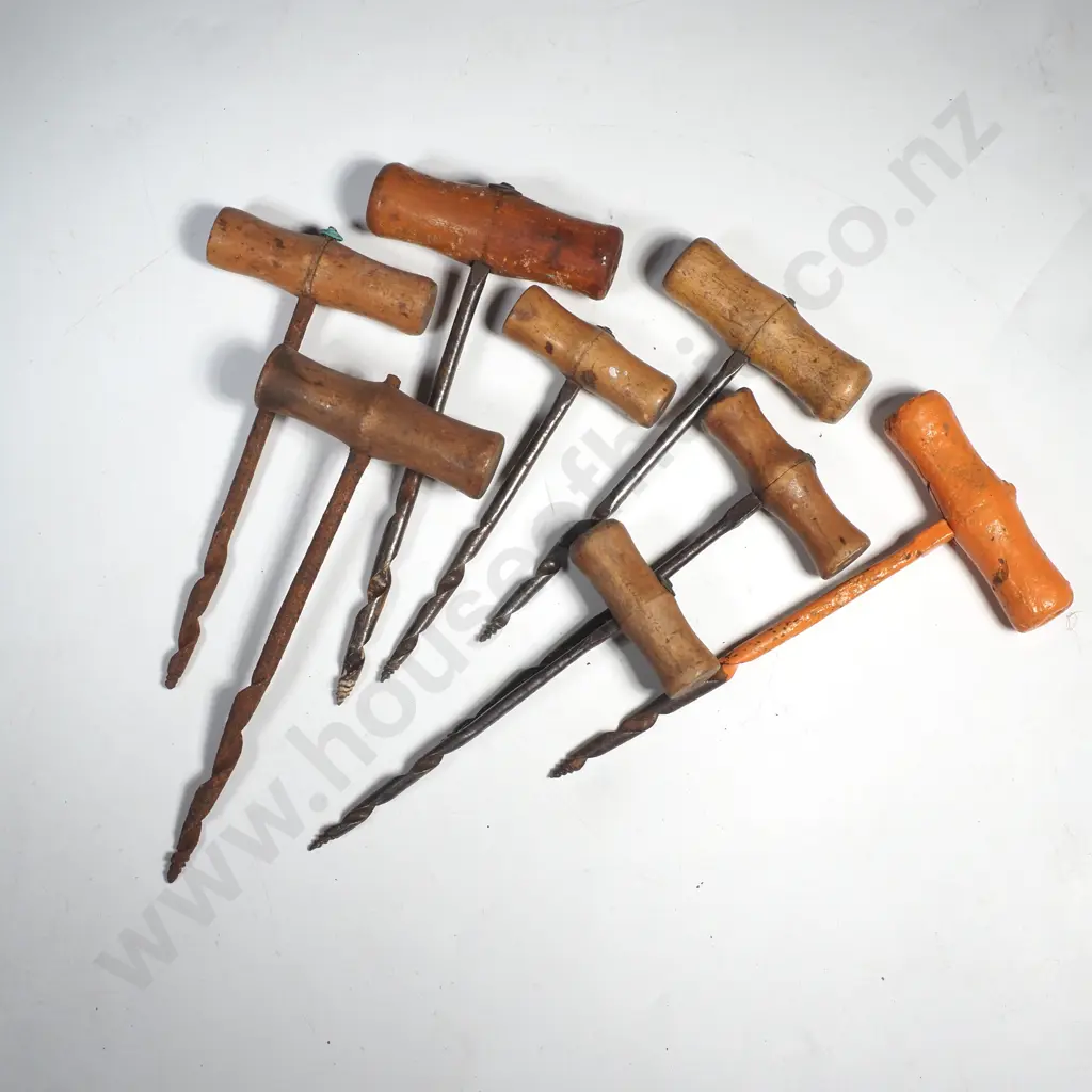 Eight  Various Antique Wood Handled Augers or Gimlets w Screw Image 1++