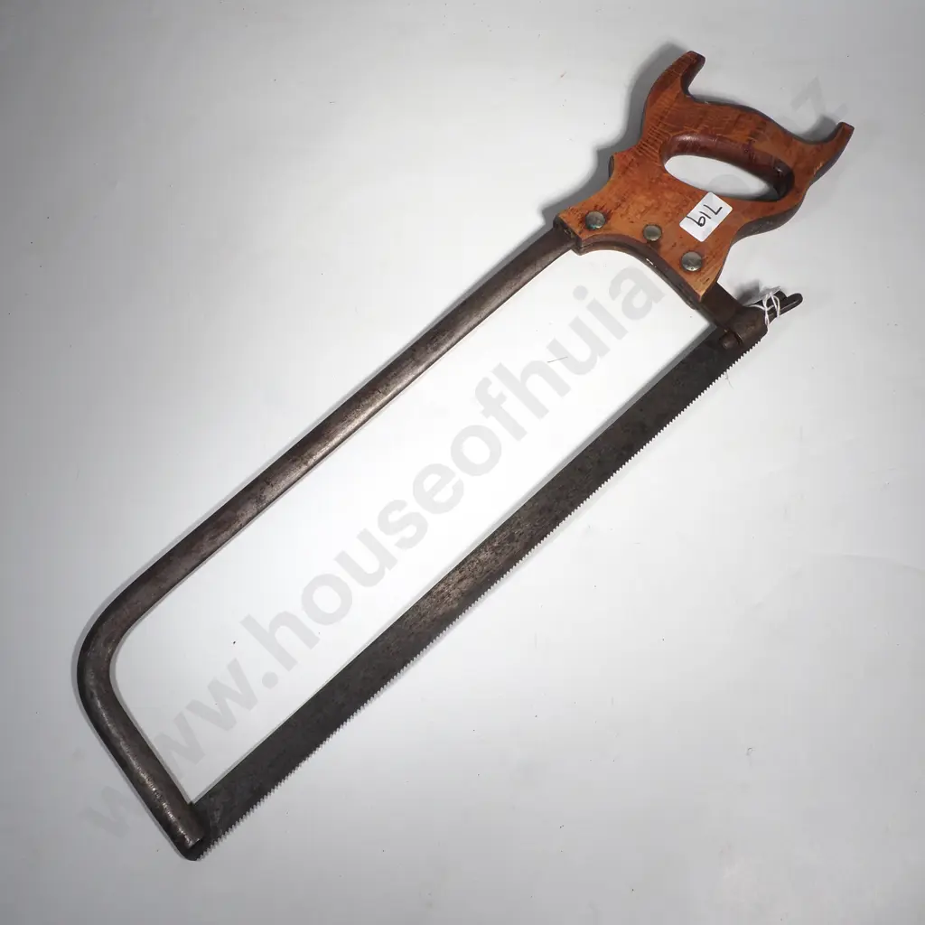 Butcher's Wooden Handled  Bone Saw w C Shaped Metal Frame, Pistol Grip Handle & Tension Wing Nut Image 1++