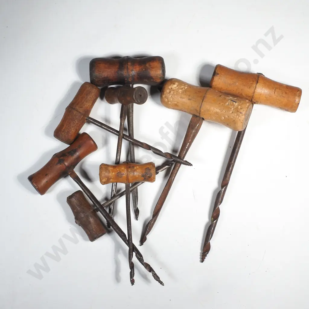 Eight Various Antique Wood Handled Augers or Gimlets w Screw Image 1++