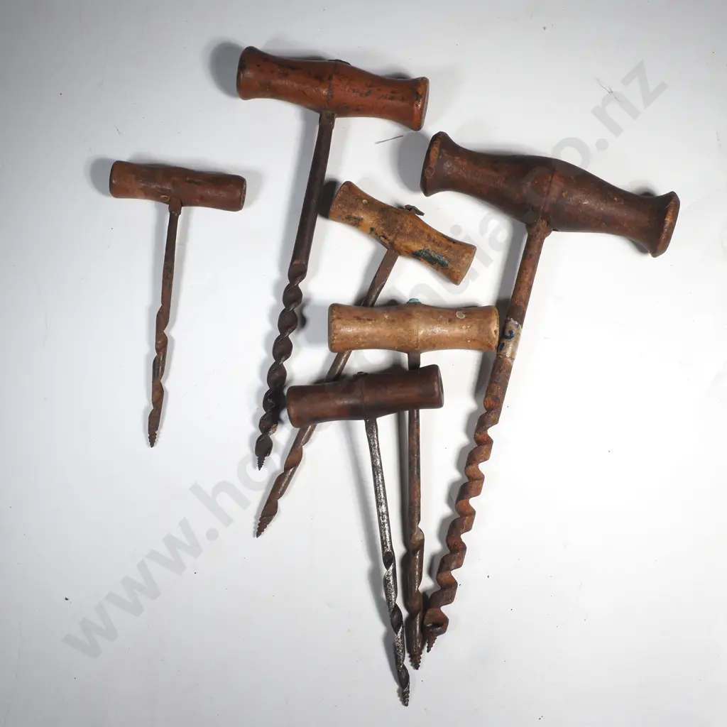 Six Various Antique Wood Handled Augers or Gimlets w Screw Image 1++