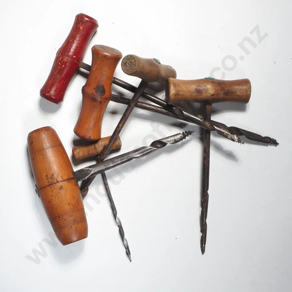 Six Various Antique Wood Handled Augers or Gimlets w Screw Image 1++
