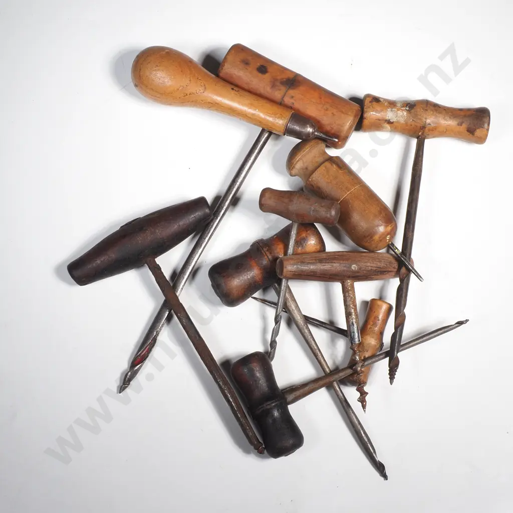 Eight Various Antique Wood Handled Augers or Gimlets w Screw Image 1++