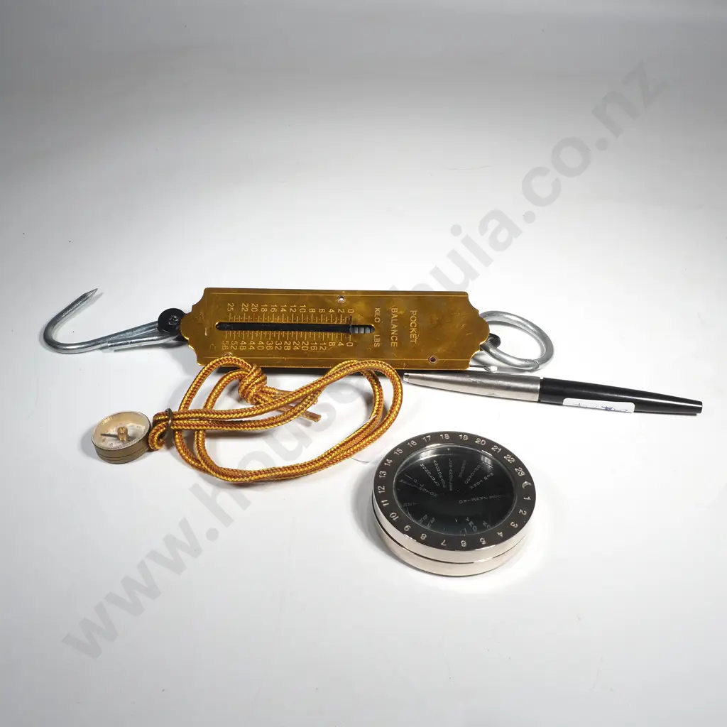 Three Vintage Items  - Pen, World Clock Paperweight & Small Brass Compass & a Pocket Balance Image 1++