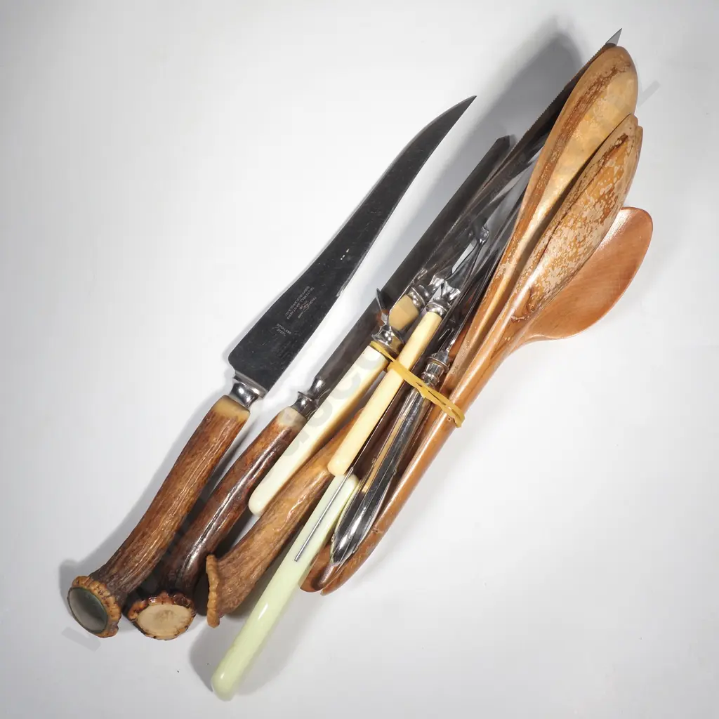 Collection of Bread knives, Horn Handled Carving Set, Wooden Salad Servers, Glass Salad Servers & More Image 1++