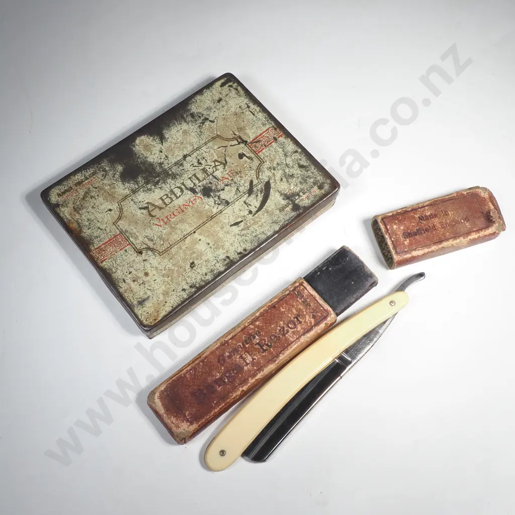 Genuine Bengall Cut Throat Razor in Original Box, Marked 'Made in Sheffield England" & Vintage Abdullah Tobacco Tin Image 1++