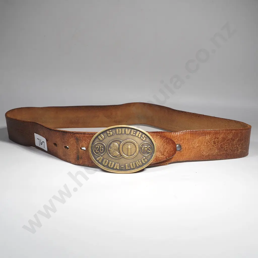 Leather Belt w Brass US Divers Aqualung Belt Buckle Image 1++