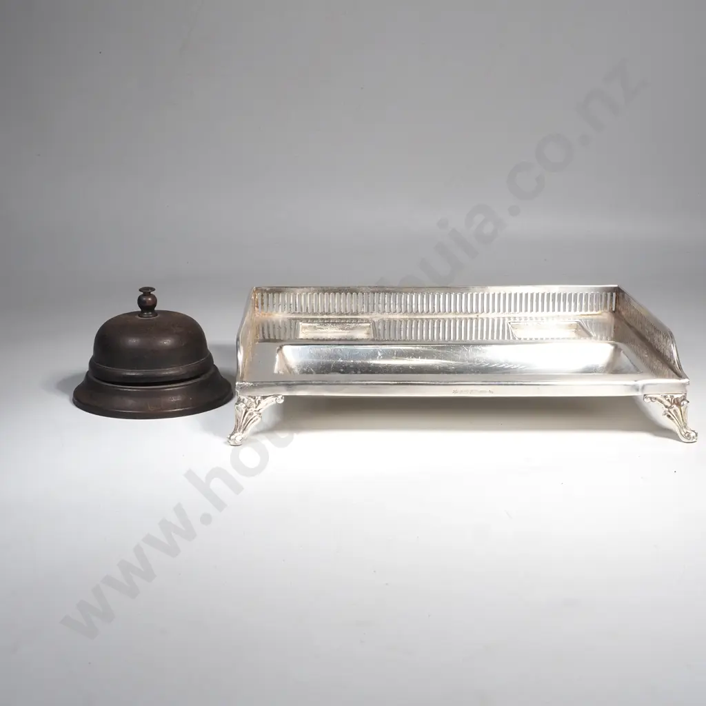 Vintage Hotel Lobby or Shop Counter Bell & a Regency Style Silver Plate Desk Inkstand Minus Wells Image 1++