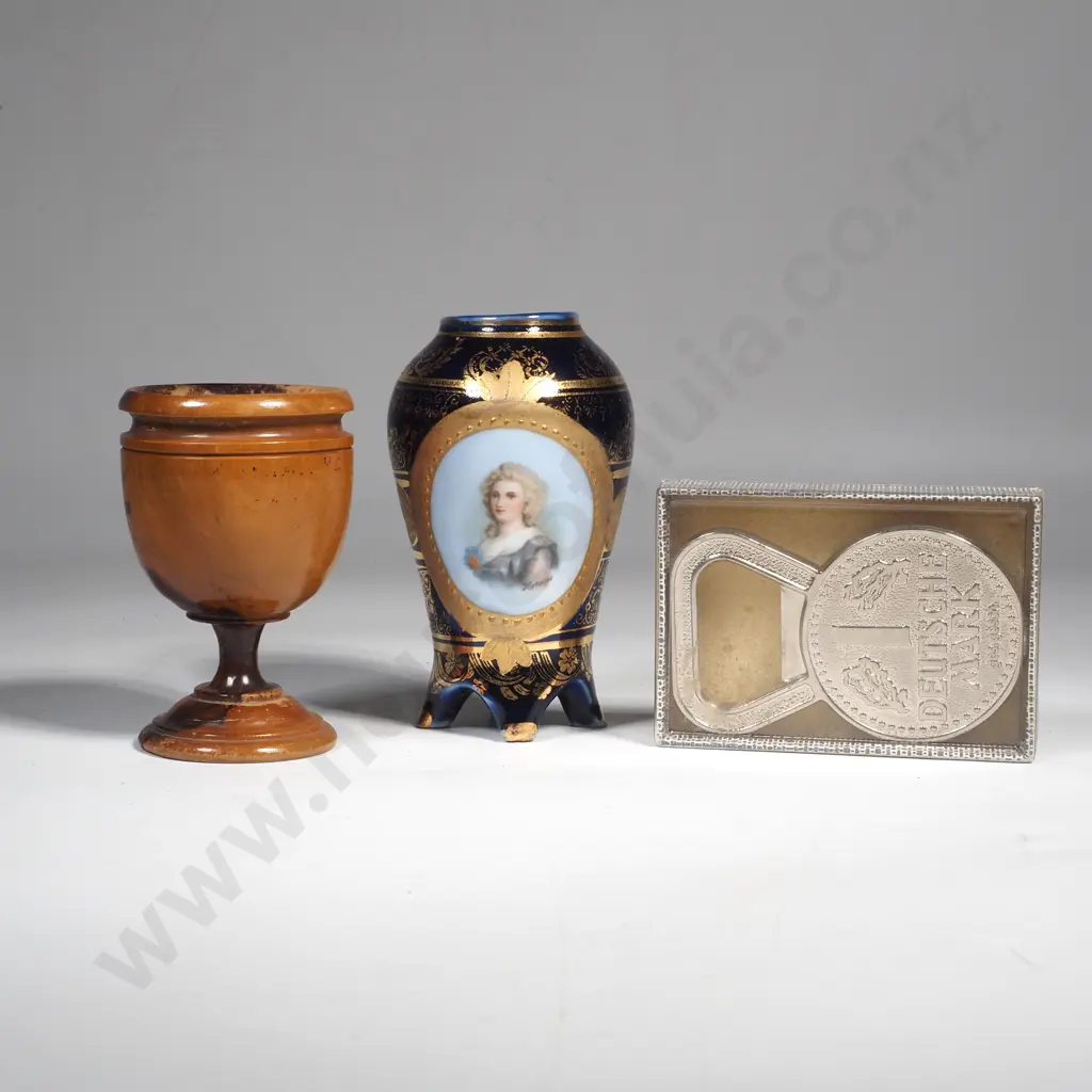 Jerusalem Olive Wood Egg Cup w Continental Porcelain Vase & Novelty Bottle Opener Image 1++