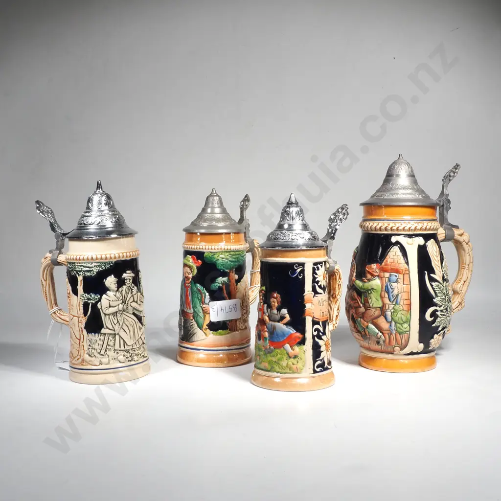 Four  Vintage Ceramic German Beer Steins w Lids & Embossed Detail, Two w Pewter Lids Image 1++