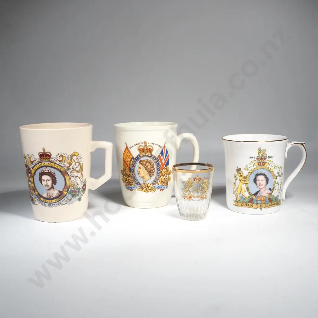 Three Queen Elizabeth Commemorative Mugs & Shot Glass Image 1++