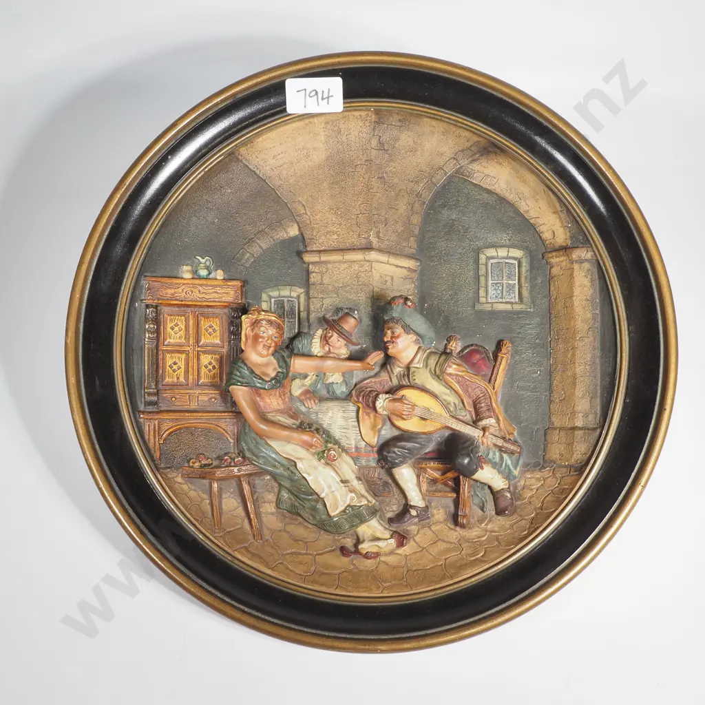 Musterschutz Terracotta Wall Charger in High Relief w Tavern Scene Produced by Johann Maresch, Circa 1890 Image 1++