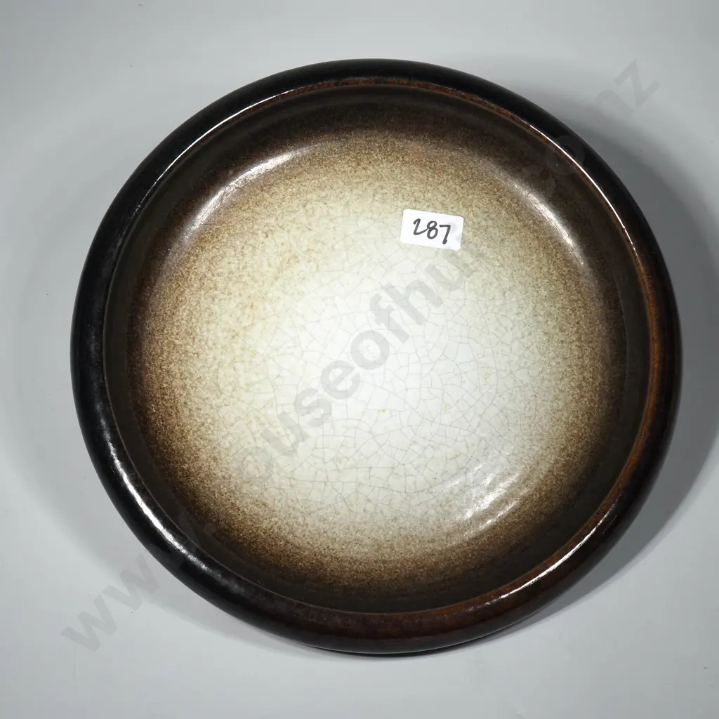 NZ Pottery Large Two Tone Crackle Glaze Shallow Bowl. Signed Verso Image 1++