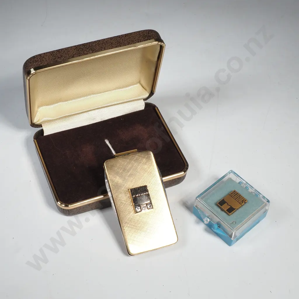 Vintage Gold Plate Money Clip with  w Decorative White Stones & Built in Pocket Knife & Nail File & a Pin Image 1++