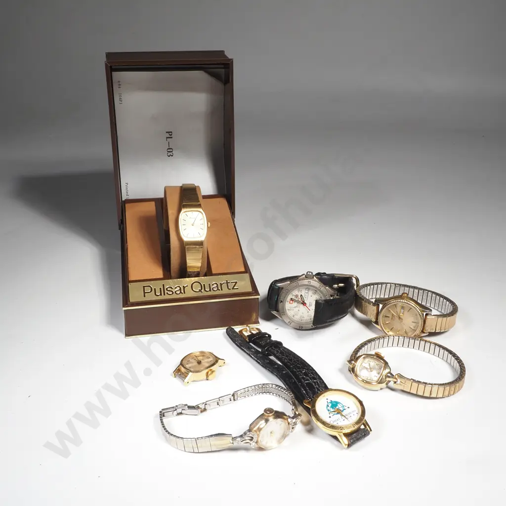 Boxed Vintage  Pulsar Quartz Wristwatch & Five Wristwatches including a Caravelle Wristwatch w Mesh Bracelet Image 1++