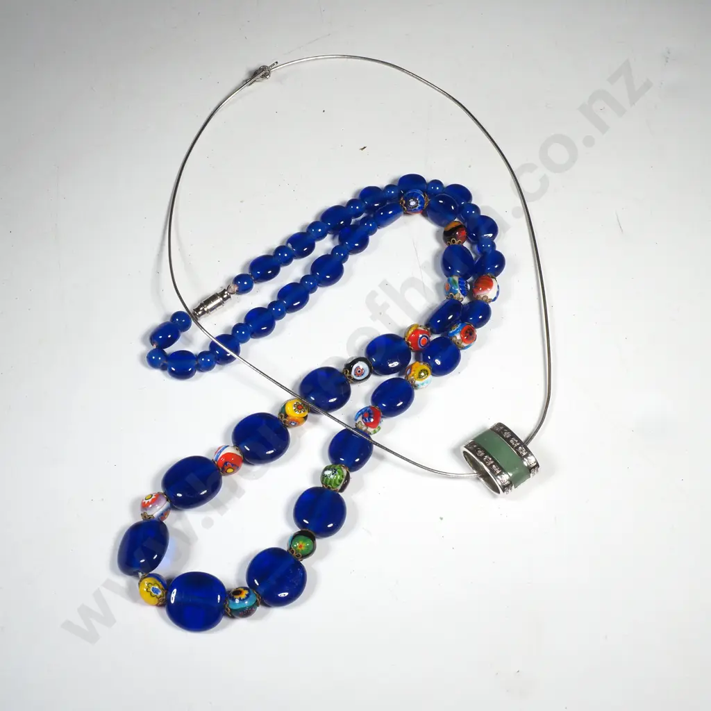 Vintage Blue & Millefiori Glass Bead Necklace - Likely Venetian, & One Other Image 1++