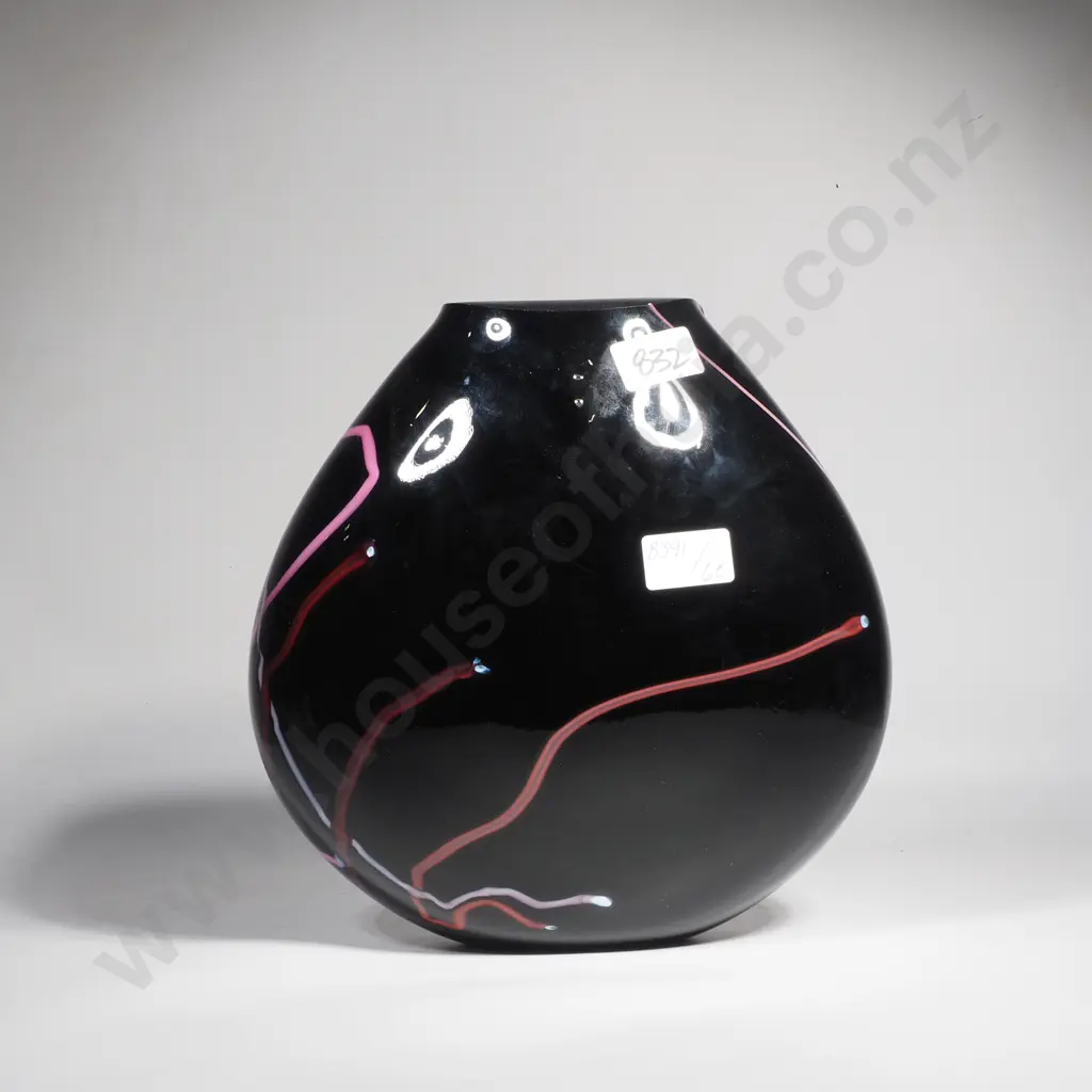 Hand Blown Thick Walled Black Art Glass Vase w Pink & Red Ribbon Canes Image 1++