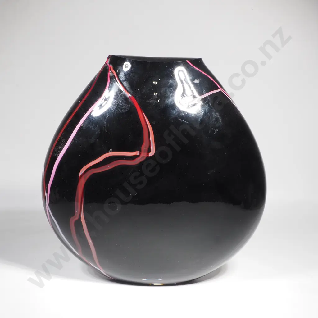 Hand Blown Thick Walled Black Art Glass Vase w Pink & Red Ribbon Canes Image 1++