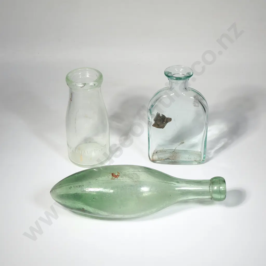 Vintage Aqua Square Bottle 200 ml, Torpedo Bottle & a 1/2 Pint Imperial Milk Bottle Image 1++