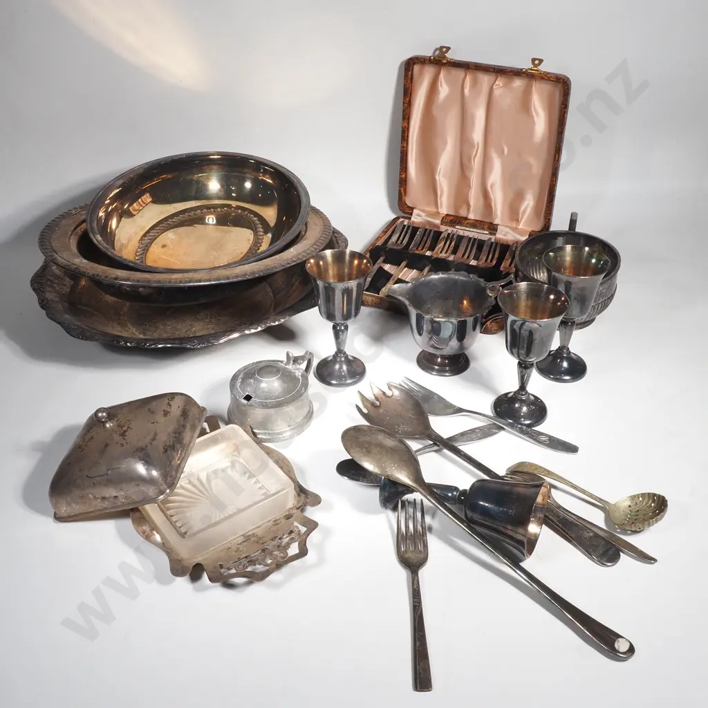 Large Silver Plated Bowl, Entree Dish, Four Small Goblets, Boxed Cake Forks, Salad Servers, Butter Dish &  Pewter Image 1++