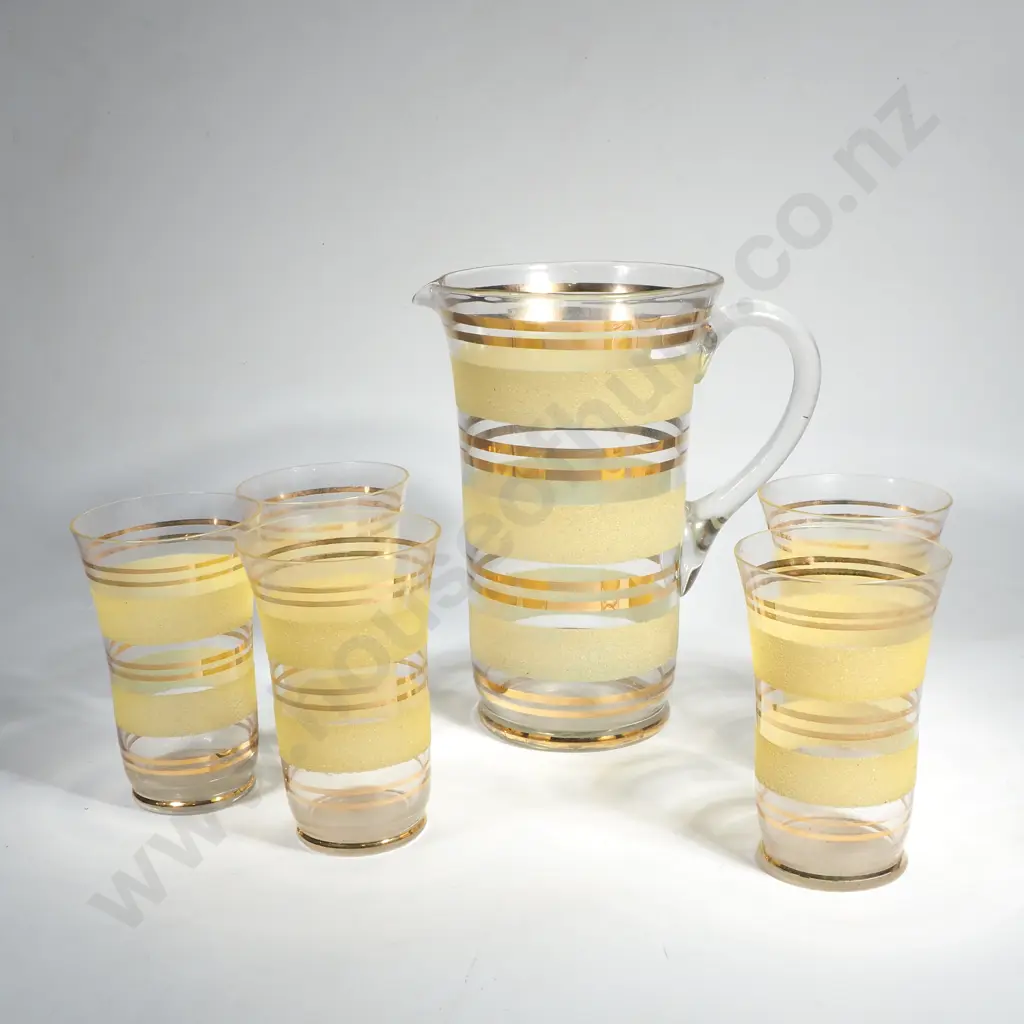 Vintage Glass Lemonade Pitcher w 5 Glasses Image 1++