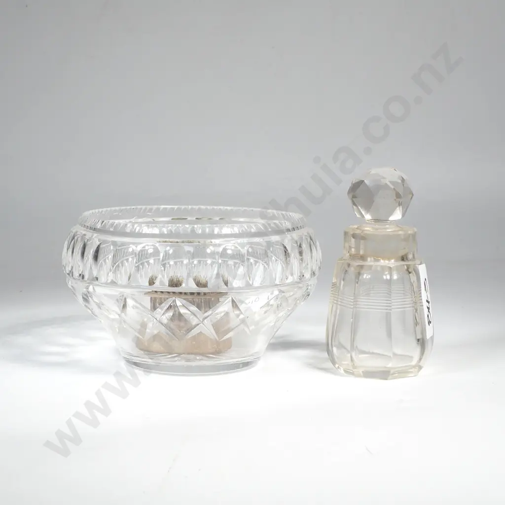 Cut Crystal Bowl, Scent Bottle & Lead Flower Frog Image 1++