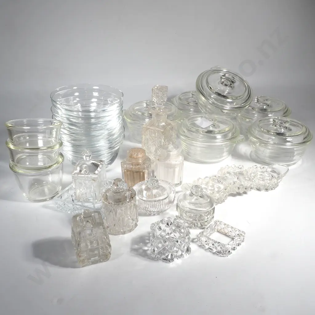 Set of Six  Individual Lidded  Pyrex Dishes, Eight Glass Bowl (Edge Chips), Condiment Bottles &Jars, & Napkin Rings Image 1++