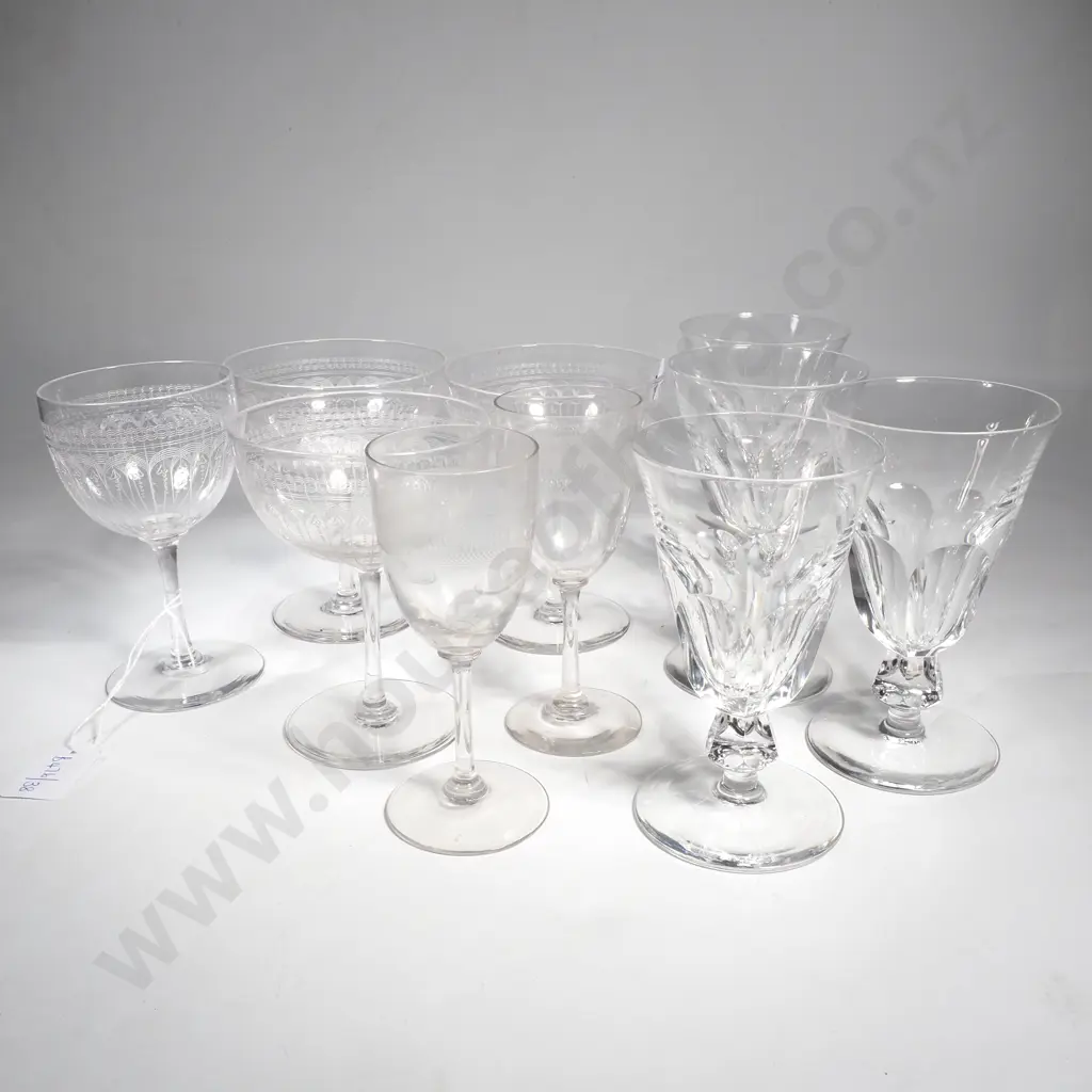 Four Small  Crystal Wine Glasses, Three Etched Champagne Coupes, Etched Wine Glass & Two Small Sherry Glasses Image 1++