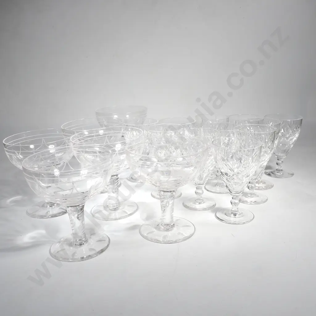 Set of Six Crystal Champagne Glasses or Coupe Glasses w Floral Design & Nine Crystal Sherry Glasses Image 1++