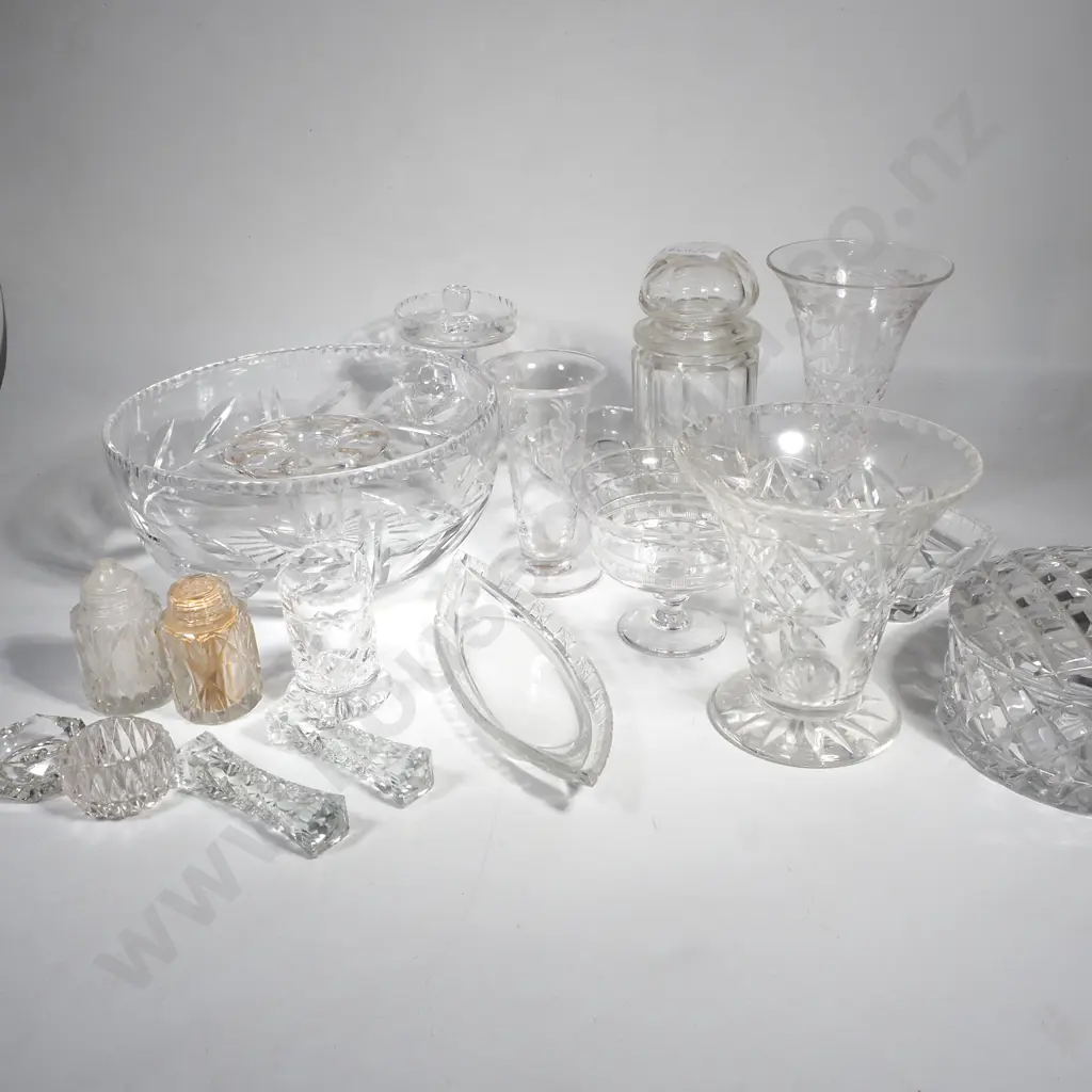 Crystal to Include Bowl, Small Compote, Crystal Powder Bowl, Two Small Vases, Condiment Jar, Glass Pickle Jar  etc. Image 1++