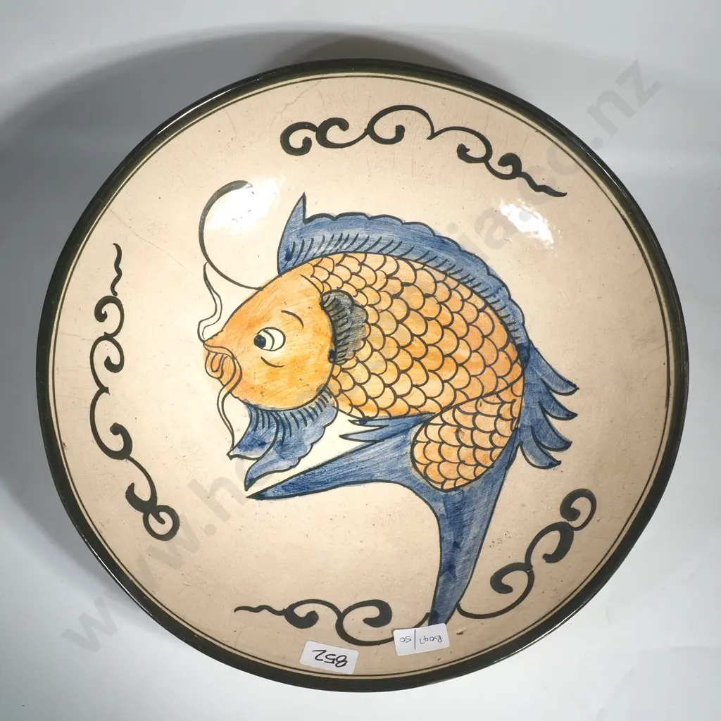 Large Decorative Ceramic Charger Decorated w a Koi Fish, Possibly Asian Image 1++