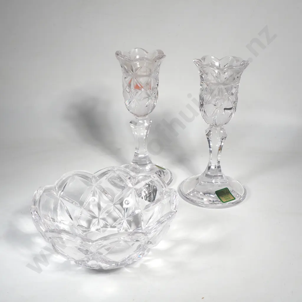 Boxed Amway Waterford 'Marquis' Crystal Candlesticks & an Amway Waterford Crystal Small Bowl Image 1++