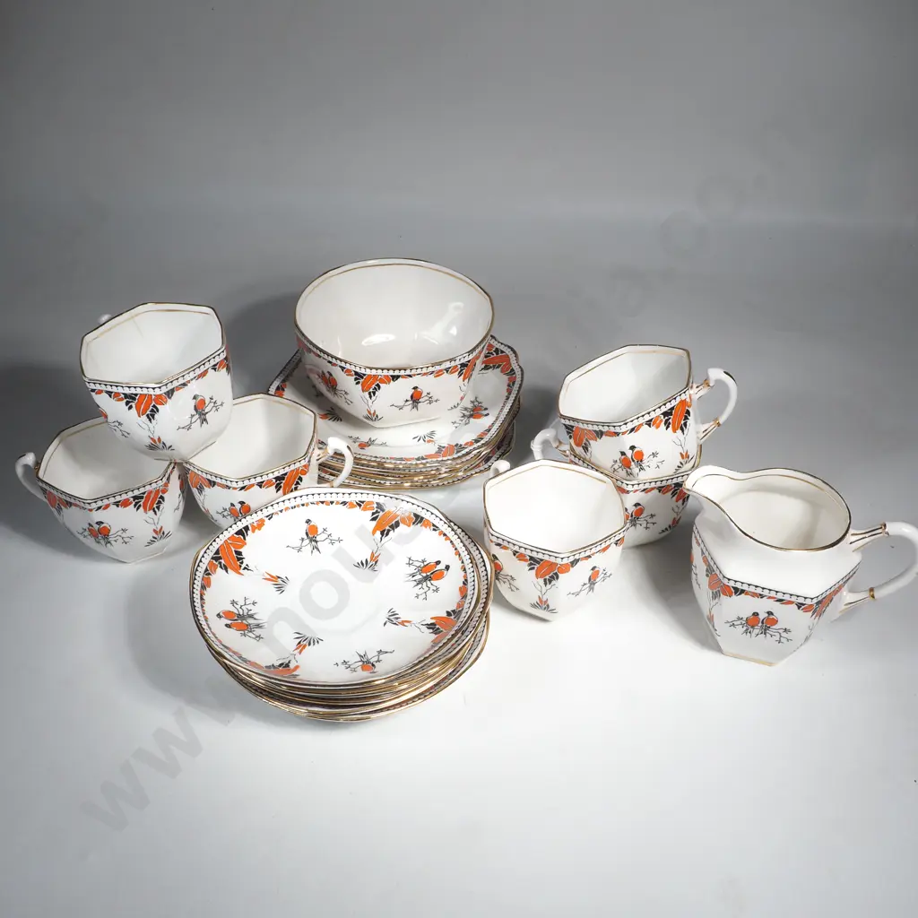 Octagonal Royal Albert  Tea Set of  Six Cups, Six Saucers, Five Cake Plates, Creamer & Jug in the Lovebirds Pattern Image 1++
