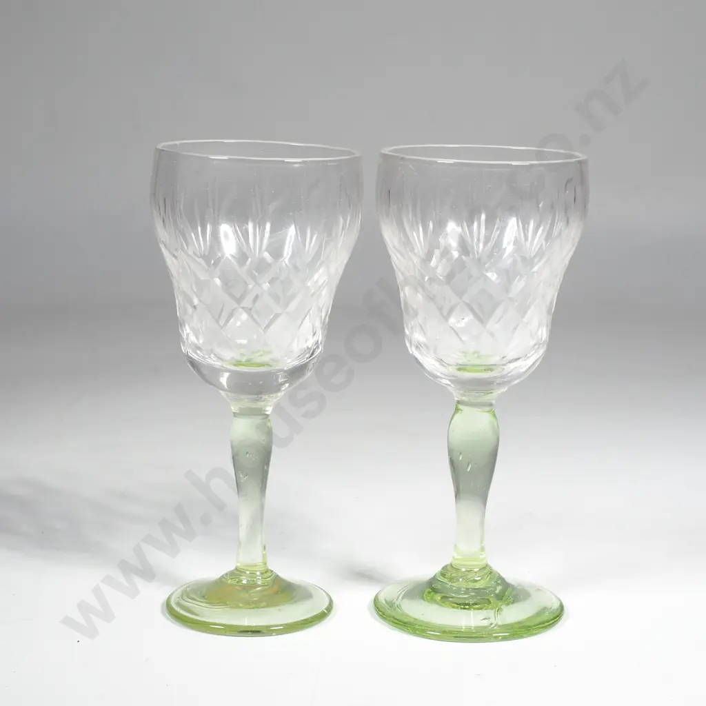 Two Uranium Glass Stemmed Liqueur Glasses Image 1++