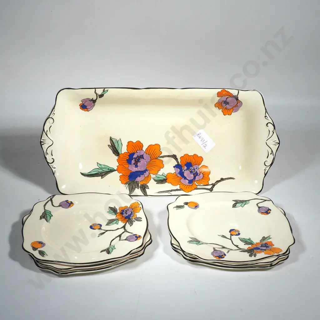 Vintage Art Deco Sandwich Tray & Six Matching Side Plates w Hand Painted Floral Motifs w Orange Blossoms & Purple Bud Image 1++
