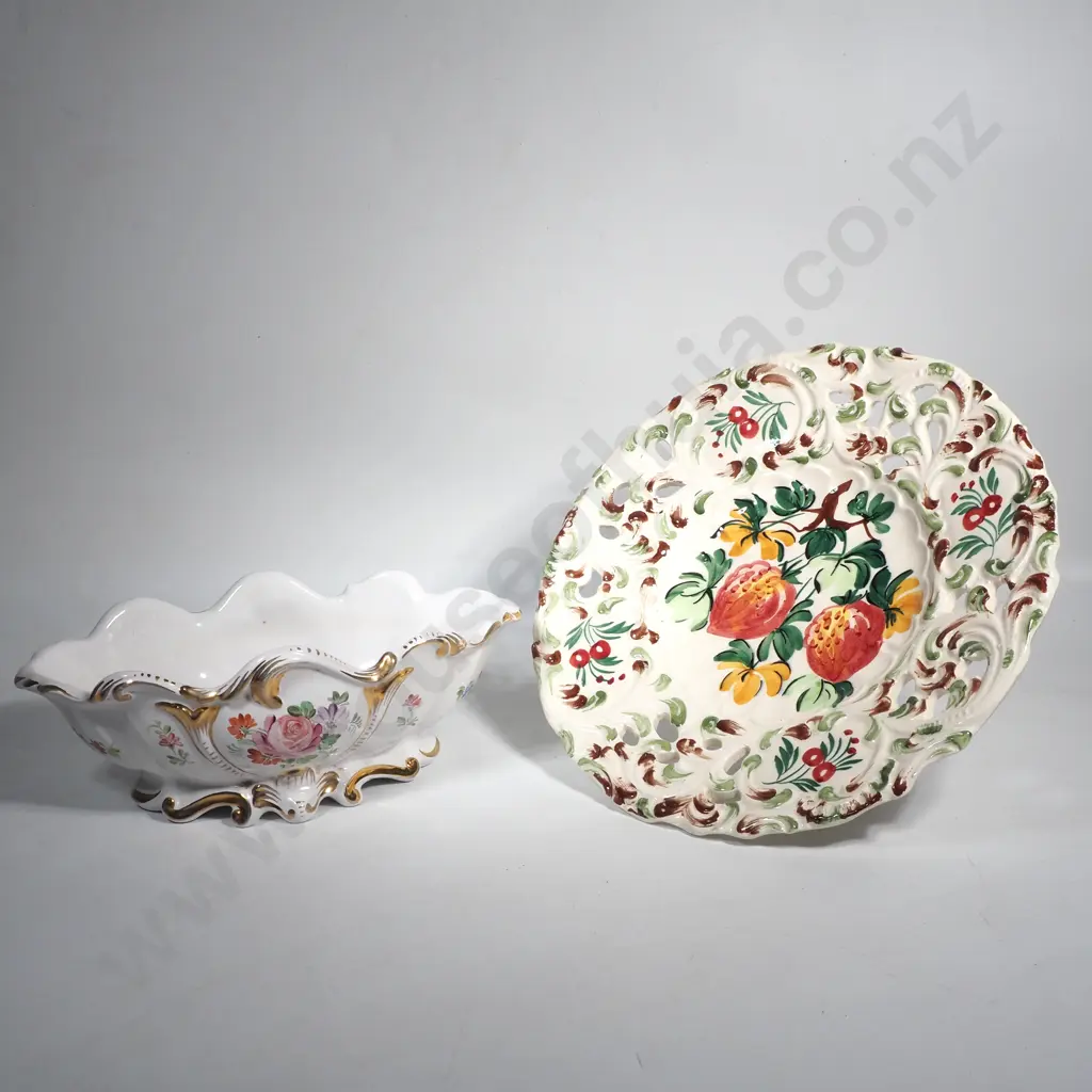 Hand Painted Plate w Pierced Rim & Italian Bowl w Scroll Edge & Flora Decoration Image 1++