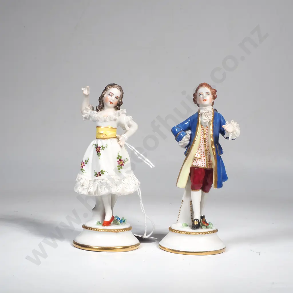 Pair of Dresden Style 'Porcelain Lace' Figurines depicting a Dancing Couple Image 1++