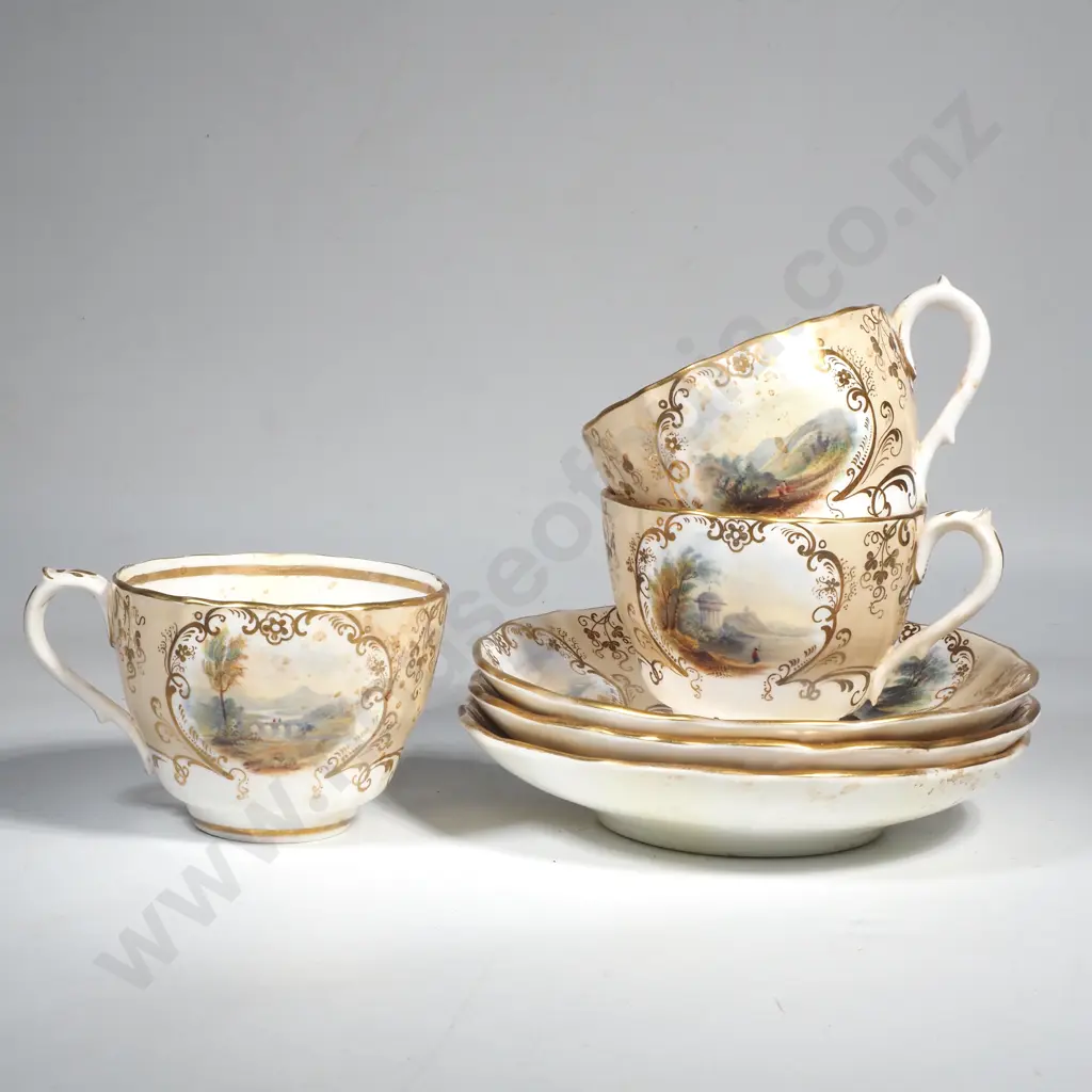 Three Nineteenth Century Hand Painted Cups & Saucers by Hilditch of England w Landscape Scene in a Gilded Cartouche Image 1++
