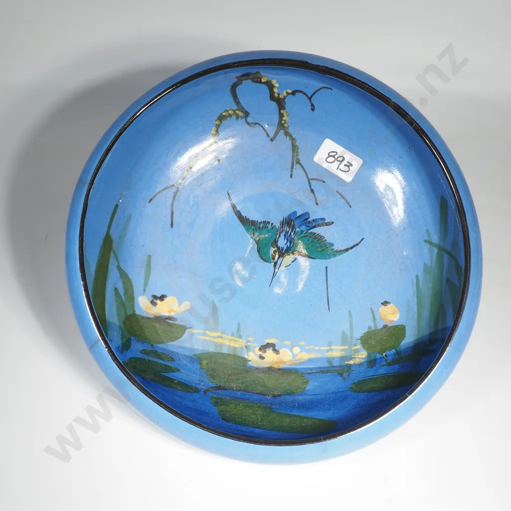 Vintage Torquay Pottery Shallow Bowl w Hand Painted Blue Kingfisher Bird Decoration Image 1++